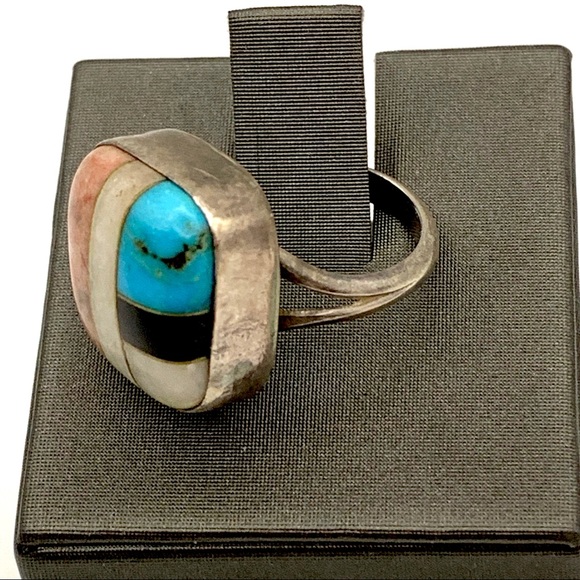 Native American Multi Gem Sterling Silver Ring Sz6 - Picture 4 of 9